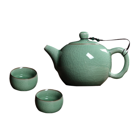 Lingqingfang celadon one pot, two cups, two cups with ball hole filter teapot teacup set ceramic complete set Ge Kiln office tea set Ge Kiln Meizi Qing