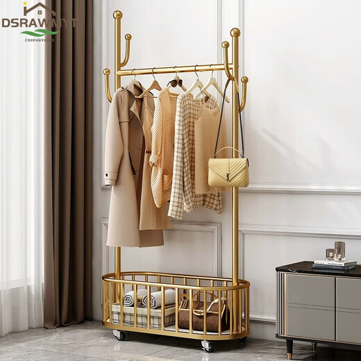 DSRAWMYT coat rack with wheels, movable bedroom multi-functional storage rack, light luxury clothes hanger, floor-standing gift, champagne gold 80CM, with rollers + with basket