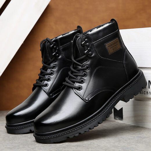 
TOP GLORIA Martin boots men's genuine leather military hook cruiser wool cotton boots winter warm plus velvet men's shoes cowhide casual snow boots 3519 black (wool) 38