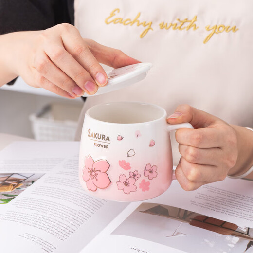 Bethes mug ceramic cup drinking cup coffee cup cherry blossom embossed tea cup with lid office home water cup