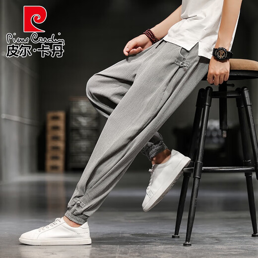 皮尔卡丹（pierre cardin）亚麻九分裤男夏季薄款冰丝休闲裤中国风棉麻男裤宽松束脚运动长裤 藏青色 L115-135斤