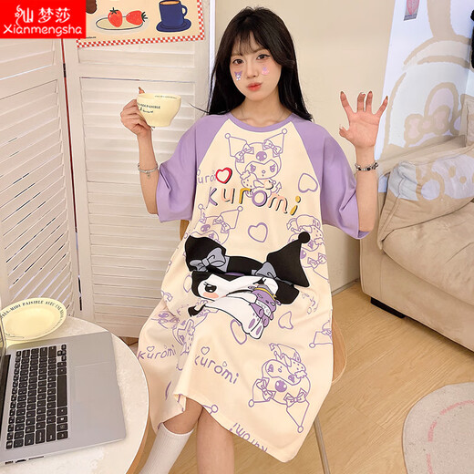 Xianmengsha's new summer pure cotton mid-length nightgown for women's short-sleeved round neck sweet cute cartoon pajamas girl's home clothes 723-Yugui Dog M