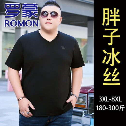 Romon (Romon) ТОГОДНАЯ БОЛЬШОЙ ШЕЛКА V-образной футболки для мужчин в летом плюс жира плюс жира плюс жир, а также большой жир, повседневный с твердым цветом, JXS9918 Black 8xl 210 (280-300JIN [JIN равен 0,5 кг])))