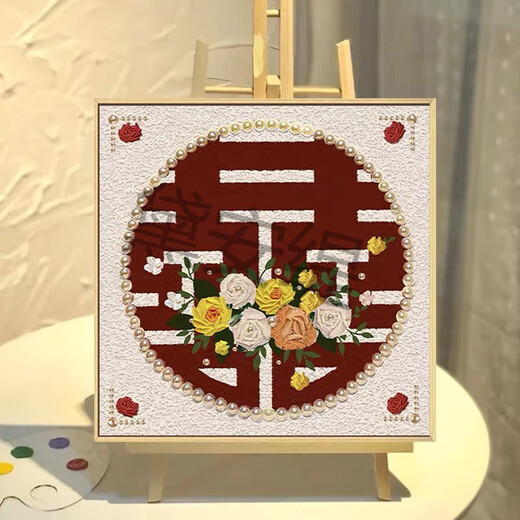 新婚结婚礼物喜字肌理画石英砂丙烯数字油画diy玫瑰装饰挂画 qx10975肌理画 50*50cm加厚实木内框+装饰外框(
