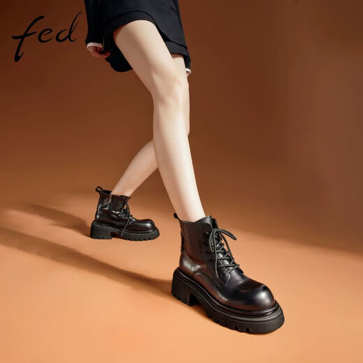 Fed echte Leder-Martin-Stiefel für Frauen im Winter Neue Frauenstiefel dicke Absatzstiefel Black Motorrad Stiefel für Frauen D1105-YA930 Black 34