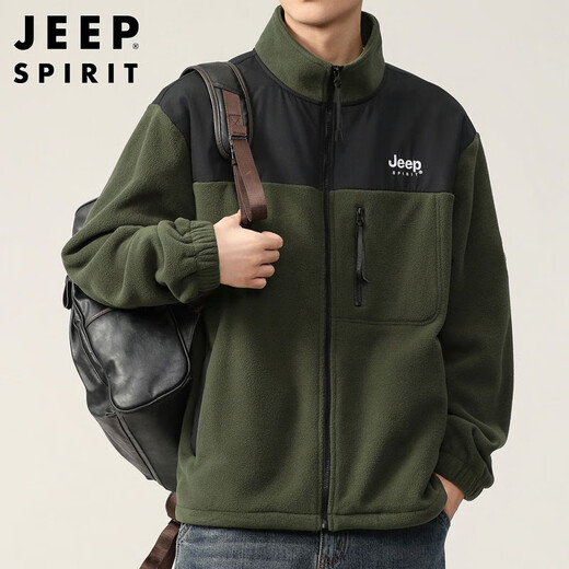 JEEP SPIRIT Jeep jacket men's autumn and winter sweatshirt men's polar fleece casual cardigan fleece clothes military green 2XL