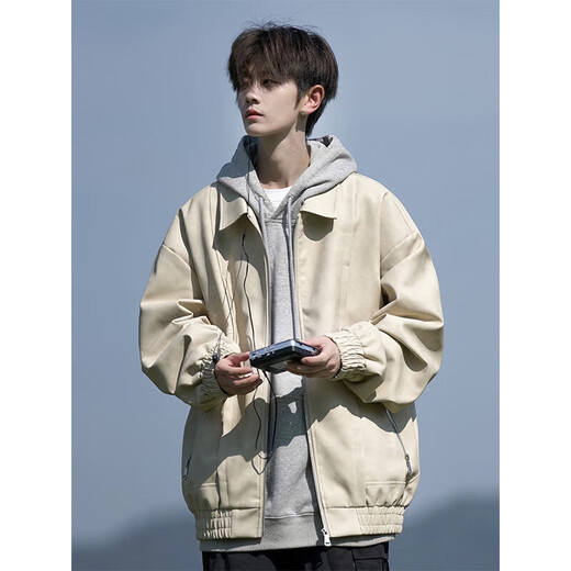 OEMG American retro leather jacket men's spring and autumn summer trendy brand large size loose youth couple work jacket clothes black XL [recommended 110-125 Jin [Jin equals 0.5 kg]]
