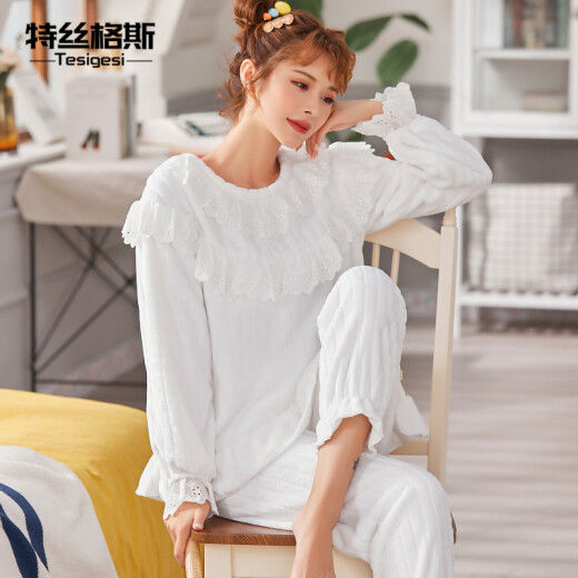 Tessgus Pajamas Women's Autumn and Winter Thickened Suit Princess Style Sweet and Cute Korean Style Plush Flannel Home Clothes 52 Autumn Yellow L