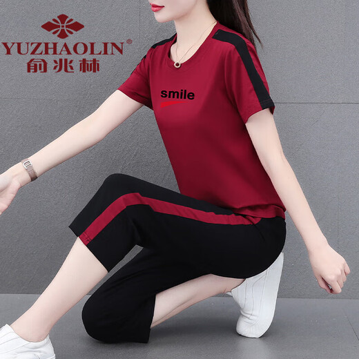俞兆林妈妈装好棉运动服套装女夏季2024新款中年夏装休闲短袖七分裤两 宝蓝七分裤[687款] M (建议80-95斤)