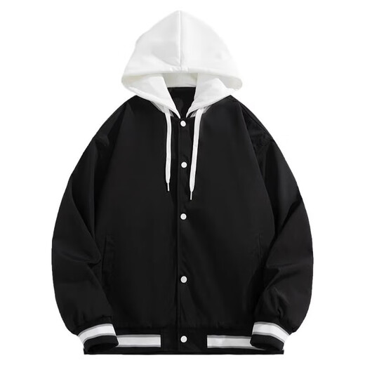 NASA BASE jacket men's spring and autumn 2025 new men's work clothes fake two-piece hooded loose casual versatile baseball uniform black XL 125-155Jin Jin equals 0.5 kg