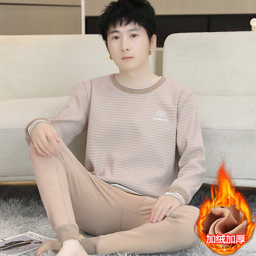 ZENGZHI NIUZAI德绒发热条纹保暖内衣男生套装冬季加绒加厚打底衫青少年秋衣秋裤 689卡其【加绒加厚】 2XL 约115-135斤可穿
