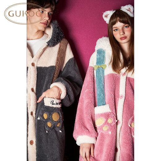 Nutshell Mary Cat couple pajamas for women autumn and winter new cartoon nightgown autumn and winter hooded coral velvet men's home wear D Mary Cat women's nightgown L