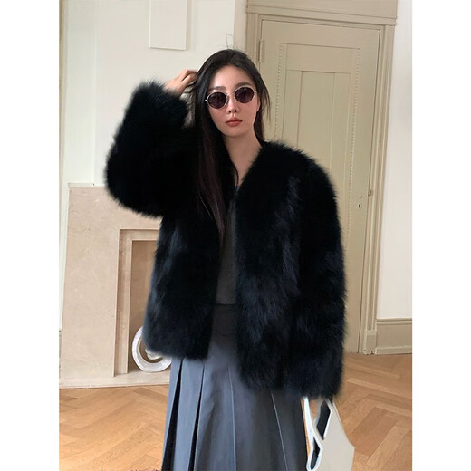 
Fu Zhien black sugar champagne imported from Finland saga fox fur coat fashionable cardigan fur coat winter temperament black L