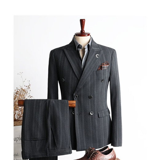 Walker Shop suit suit men's double-breasted suit autumn groom wedding wedding custom dress striped formal three-piece suit medium gray two-piece suit M