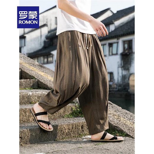 ROMON Chinese style linen pants men summer loose cotton linen pants large size casual wide-leg pants men's bloomers harem pants gray M