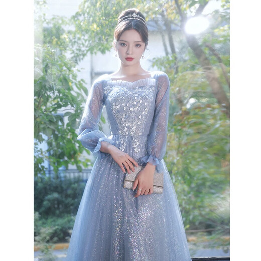
Seidler blue evening dress for women 2025 new banquet temperament long sleeve light luxury niche high-end performance art exam skirt blue L