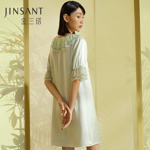 Jinsanta Silk Nightgown Spring y Summer Mulberry Pape Spiling Elegant Sweet Temperament Reduciendo a la edad de la edad Ropa para el hogar Oasis Spring Color 9720 M