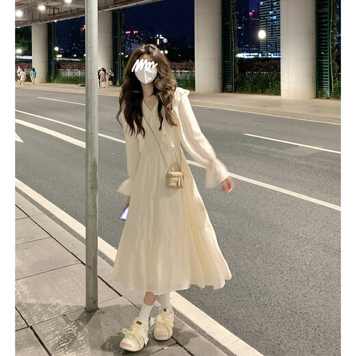 
French-style long-sleeved long-sleeved dress for women in autumn new design high waist slim long skirt light apricot color #1048 S