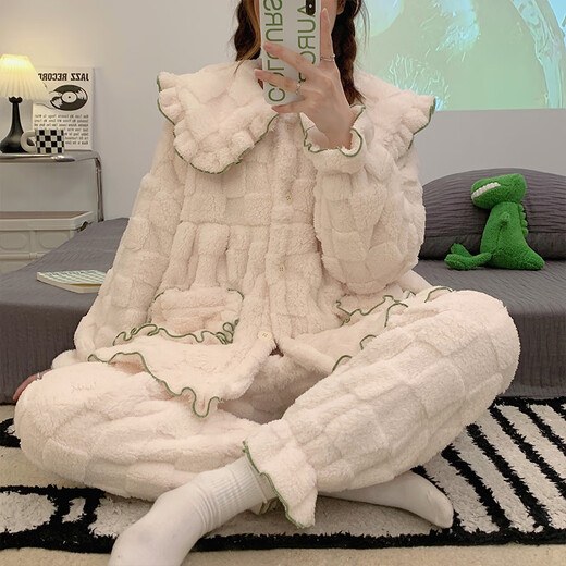 
Catman (MiiOW) Princess Style Pajamas for Women in Winter Plush Doll Collar Coral Velvet Thickened Heat-Reserving Flannel Home Clothing Set Outdoor Wear 6630 L 100-120Jin [Jin equals 0.5 kg]