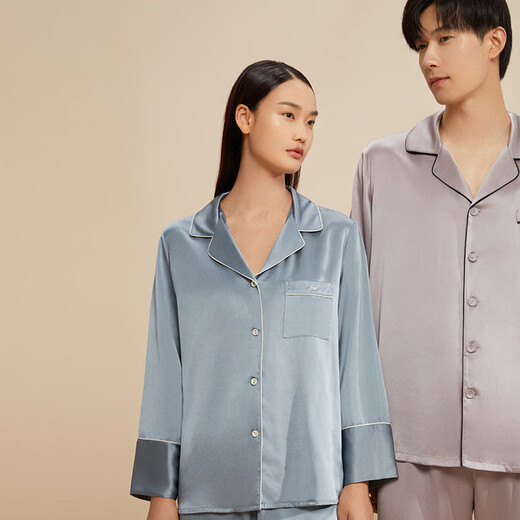 Jinsanta Silk Pajamas Women's Spring and Summer Two-piece Set 100% Mulberry Silk Couples Can Wear Silk Home Clothes Set Chinese Valentine's Day Gift Mist Blue (Men's Heavyweight 19mm) 2XL