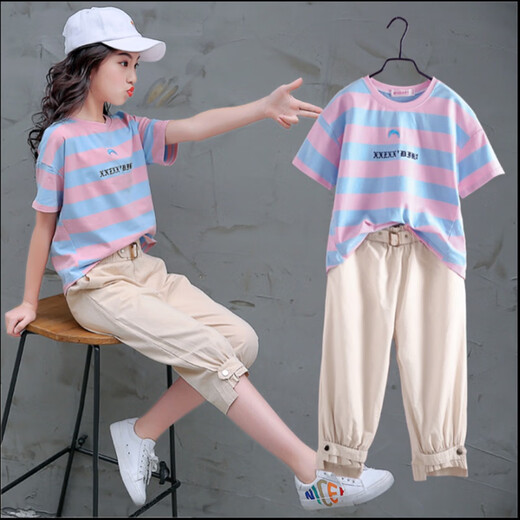 
Aino Round Girls Sports Set Medium-Grand Children's Summer Children's Short Sleeve Sweater Thin Casual Pants Two-Piece Clothes Blue Room Pink 160 Recommended height about 145-155CM