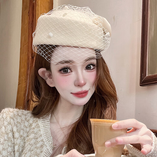 欧品朵韩版空姐帽高端气质礼帽女秋冬英伦小香风蝴蝶结网纱蕾丝羊毛呢贝 黑色 均码