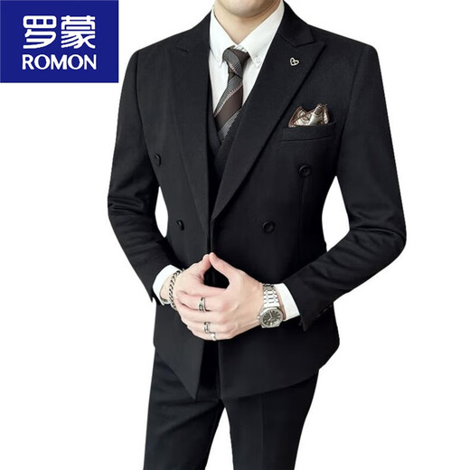 ROMON woolen suit men's suit double-breasted autumn and winter thickened warm jacket handsome wedding banquet dress men's fashion gray suit trousers 5XL 175185Jin Jin equals 0.5 kg