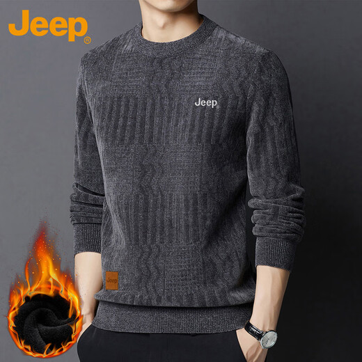 Jeep (JEEP) Sweater Men's Autumn and Winter Velvet Thickened Warm Sweater Men's Round Neck Clothes Men's Dark Gray Velvet XL