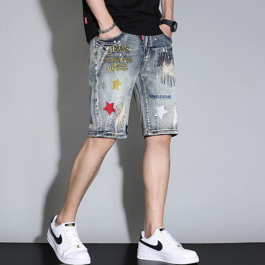 
DIOUTU personality versatile trendy youth fashion new denim shorts men summer thin fashion embroidered five-point pants JD-K829 retro blue size 28 size = waist 2 feet 1