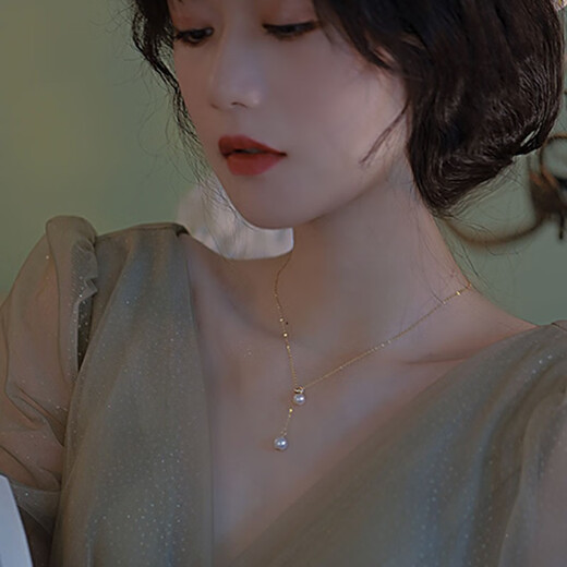 Xiaomeng double pendant freshwater pearl necklace young girl natural two beads clavicle chain y-shaped can be pulled and adjusted