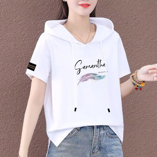 啄木鸟舒适连帽短袖T恤女2024夏装新款宽松半袖体恤休闲带帽上衣潮 红色 15863