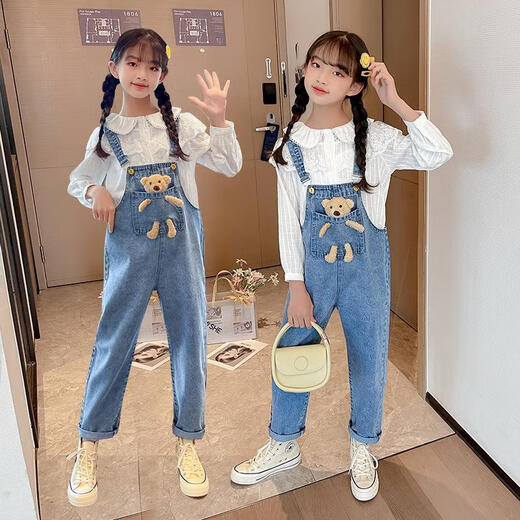 Disney (Disney) Girls Spring and Autumn Bear Denim overalls Internet celebrity fashion medium and large children's autumn casual suspenders children's pants trendy blue single piece trousers size 140 recommended height 130-140cm