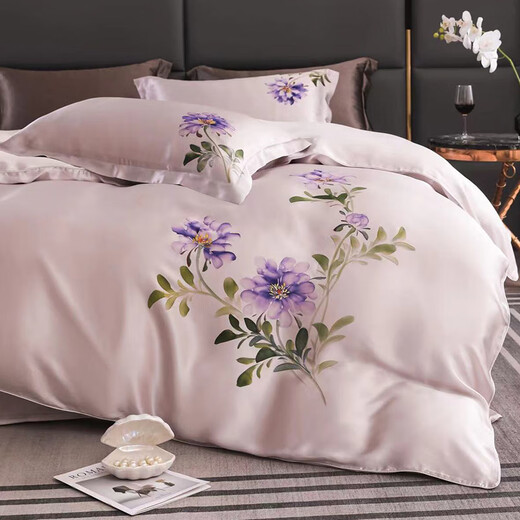 Shibeini National Trends Bedding Single Hand Painted Silk Four-Piece Set Double-sided 100% Mulberry Silk Quilt Cover Bedding Kit Yuncai Fengshu 3878 1.8-meter Bed Sheet Style (Quiet Cover 200x230cm)