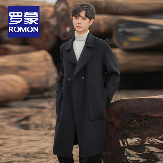 ROMON Light Luxury Spring and Autumn Wool Double-sided Wool Coat Men's Mid-Length Thickened Over-the-Knee Windbreaker High-Quality Jacket Men Gray Green (70% Sheep Wool) S Recommended (110Jin Jin is equal to less than 0.5 kg)