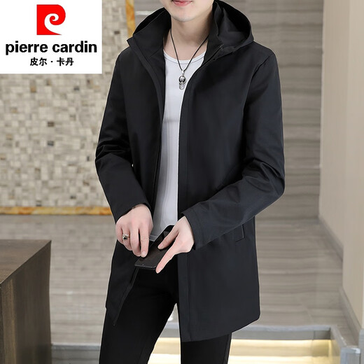 Pierre Cardin mid-length windbreaker jacket for men spring and autumn new mature and stable men's trendy brand hooded slim top 313 black M 85Jin Jin equals 0.5kg -110Jin Jin equals 0.5kg or so