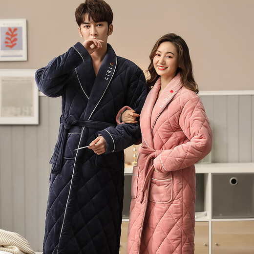 Mandelefin Couple Sleeve Couple Sleeve Women's Winter Three-layer Thickened Cotton Jacket Pajamas Men's Long Fleeve Bathrobe 9848 Women's M (80-100Jin [Jin equals 0.5 kg])
