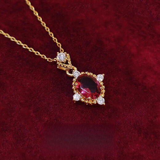Pigeon Blood Tourmaline Necklace Women's 18K Gold Rouge Ruby Retro Pendant Clavicle Chain Gold and Silver Chain Rouge