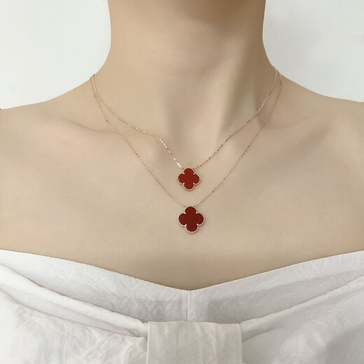 18K gold four-leaf clover necklace au750 color gold rose gold gold clavicle chain Chinese Valentine's Day gift 18K rose gold (15mm chain) red agate