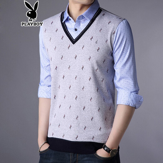 
Playboy spring long-sleeved T-shirt men's cotton T-shirt middle-aged and young people's large size T-shirt base shirt men's thin fake two-piece clothes autumn clothes 3878 red 165/M