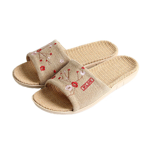 熠牧夏季中国风亚麻拖鞋男女居家情侣防滑软底家用地板绣花麻布凉拖鞋 女款梅花红 37-38 (250mm) 女款