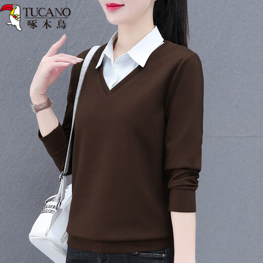 Woodpecker (TUCANO) shirt collar fake two-piece sweatshirt for women Spring and Autumn 2023 new fashion casual long-sleeved polo collar shirt shirt Turmeric (main picture) WS5009-38# 2XL (recommended 125-135Jin [Jin equals 0.5 kg])