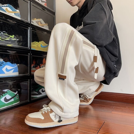 Katuchi American style velvet thickened striped casual pants for men in autumn and winter loose trendy straight wide-leg sports sanitary trousers beige-velvet XL recommended 130-150Jin Jin equals 0.5 kg