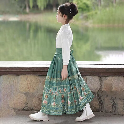 
Lekali [with necklace] Children's horse-faced skirt girls Hanfu modified ancient style suit girls Chinese style ancient costume Ming style long sleeve suit height 160cm [Gift necklace]