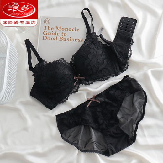 LangSha underwear for girls with small breasts, no wire rings, breast reduction, anti-sagging, comfortable lace sexy bra set, black underwear + panties set 70/32B