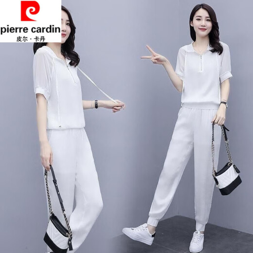 皮尔卡丹（pierre cardin）冰丝休闲套装女夏季新款宽松显瘦韩版气质减龄时尚洋气透气俩件装 白色套装CWK#757 XL 建议115-130斤