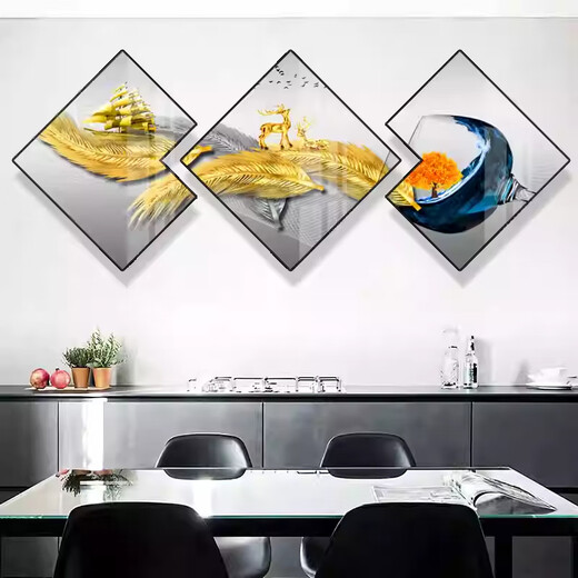 奥瀚现代餐厅装饰画创意酒杯多边菱形画歺厅餐桌背景墙挂画饭厅墙壁画 JD15832 40*40/40*40/40*40 纹理油画布铝合金黑框