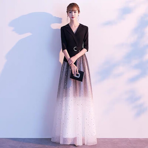 Noliti's Temperament Banquet Dress Dress Long 2025 Le nouveau style peut être porté lors de la réunion annuelle de l'hôte Dreamy Starry Sky Jirt Femmes Black Long XL