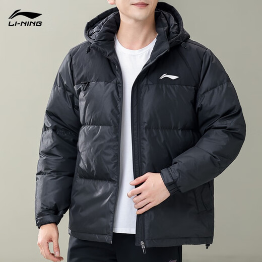 Li Ning Duck Down Jacket Men's 2025 Casual Short Winter Plush Down Hooded Windproof Warm and Versatile Jacket for Men Black (Thick Duck Down Style) XL