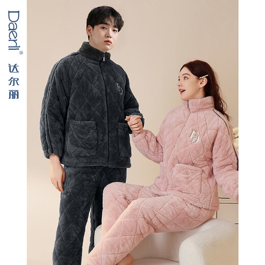 Dalli couple pajamas winter coral velvet three-layer quilted thickened warm flannel sandwich casual home wear set for women T8237113-011-pink women L