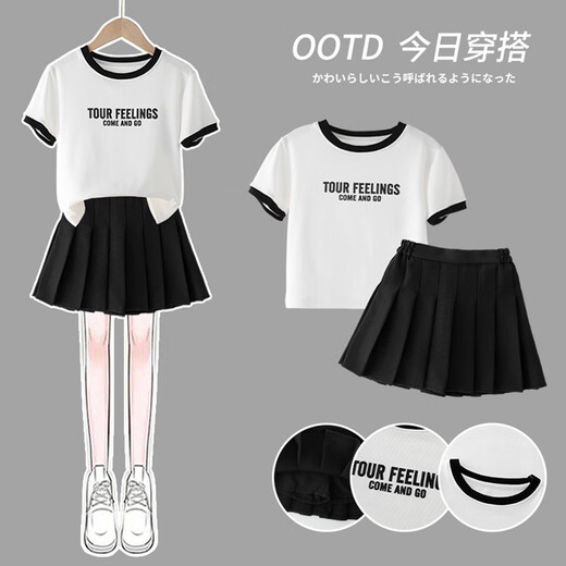 小猪彼特女童短裙套装2025夏季新款女大童运动休闲网球裙网红时尚短袖户外 1566紫+9889白 120 cm